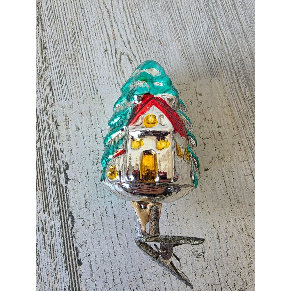Antique mercury glass house tree clip ornament‎ as is Xmas